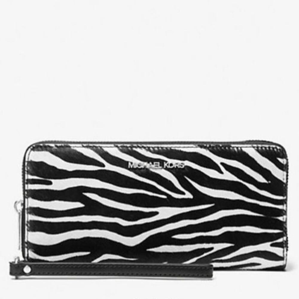 Michael Kors NWT Jet Set Travel Zebra Print Calf Hair Continental Wallet black
